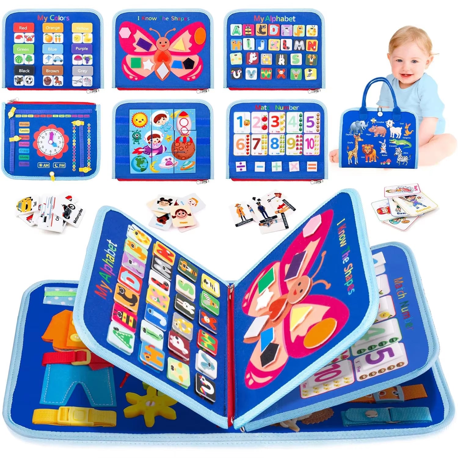 Tablero de Actividades Montessori Busy Board - Juguete Sensorial para Desarrollo de Habilidades Motoras - Juguete Educativo de Viaje para Niños Pequeños