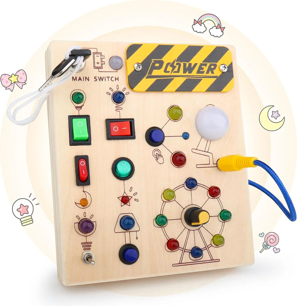 Tablero de Actividades Montessori de Madera | Busy Board con Luces LED e Interruptores | Juguete Sensorial Educativo