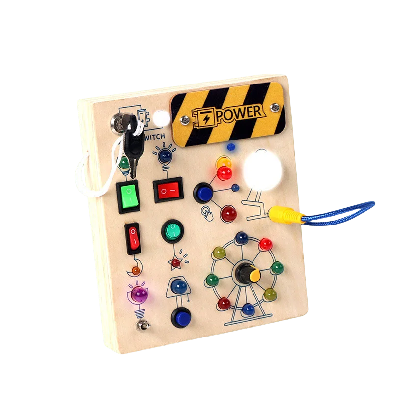 Tablero de Actividades Montessori de Madera | Busy Board con Luces LED e Interruptores | Juguete Sensorial Educativo