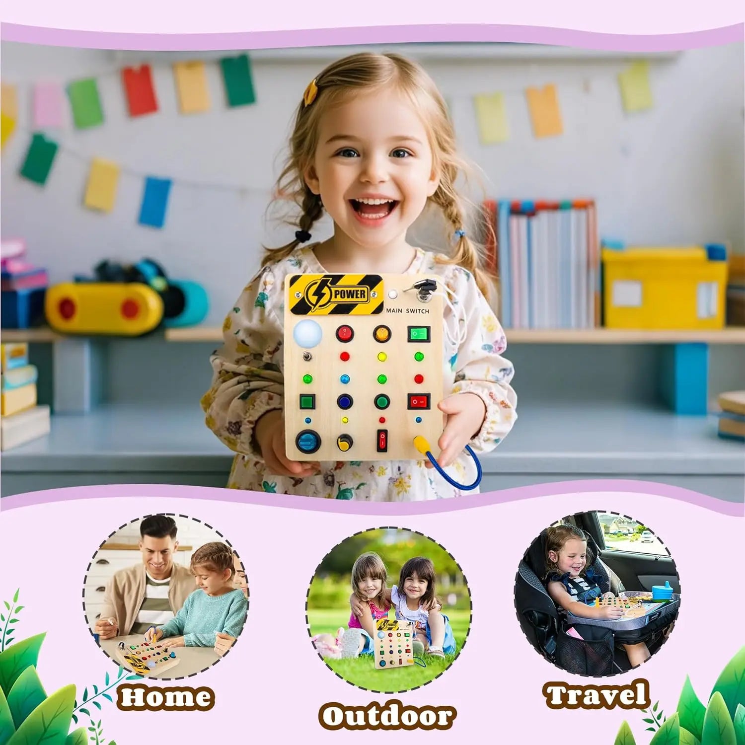 Tablero de Actividades Montessori de Madera | Busy Board con Luces LED e Interruptores | Juguete Sensorial Educativo
